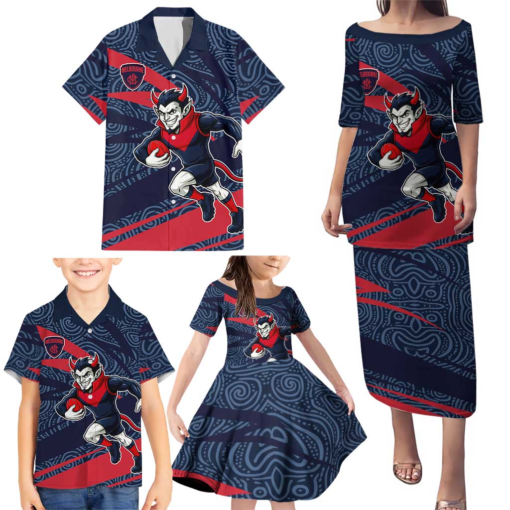 Melbourne Demons Australian Football Family Matching Puletasi and Hawaiian Shirt Devil Mascot With Indigenous Pattern Art