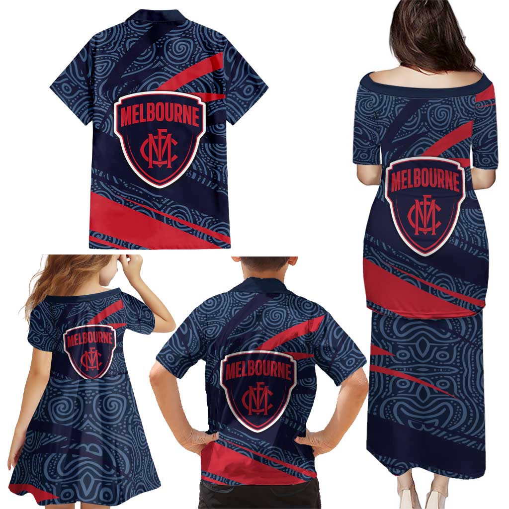 Melbourne Demons Australian Football Family Matching Puletasi and Hawaiian Shirt Devil Mascot With Indigenous Pattern Art