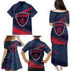 Melbourne Demons Australian Football Family Matching Puletasi and Hawaiian Shirt Devil Mascot With Indigenous Pattern Art
