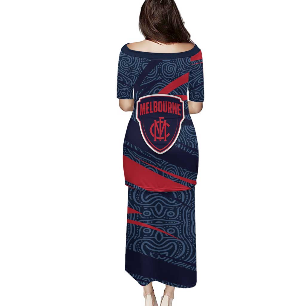 Melbourne Demons Australian Football Family Matching Puletasi and Hawaiian Shirt Devil Mascot With Indigenous Pattern Art