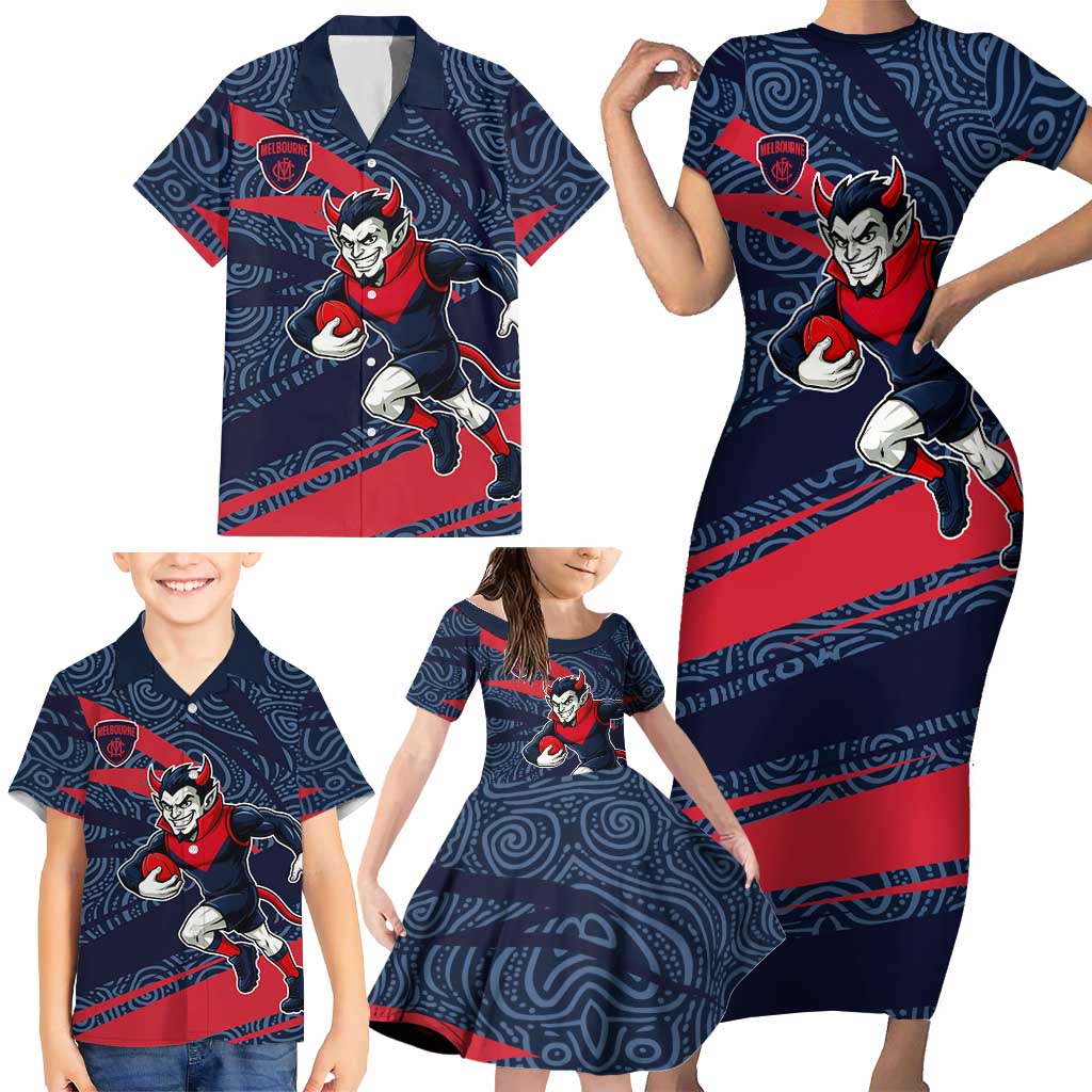 Melbourne Demons Australian Football Family Matching Short Sleeve Bodycon Dress and Hawaiian Shirt Devil Mascot With Indigenous Pattern Art