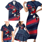 Melbourne Demons Australian Football Family Matching Short Sleeve Bodycon Dress and Hawaiian Shirt Devil Mascot With Indigenous Pattern Art