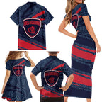 Melbourne Demons Australian Football Family Matching Short Sleeve Bodycon Dress and Hawaiian Shirt Devil Mascot With Indigenous Pattern Art