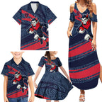 Melbourne Demons Australian Football Family Matching Summer Maxi Dress and Hawaiian Shirt Devil Mascot With Indigenous Pattern Art