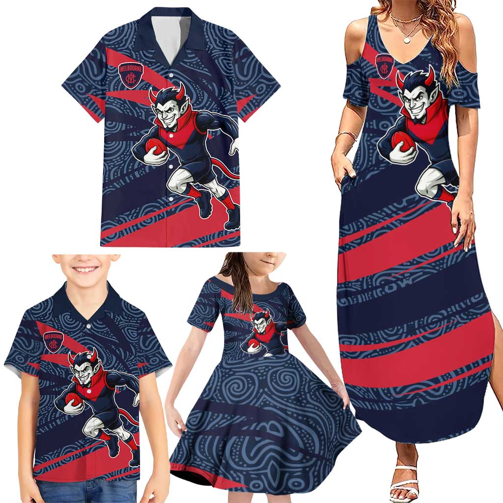 Melbourne Demons Australian Football Family Matching Summer Maxi Dress and Hawaiian Shirt Devil Mascot With Indigenous Pattern Art