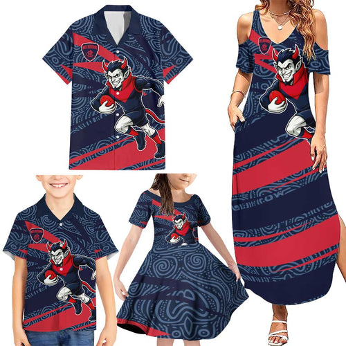 Melbourne Demons Australian Football Family Matching Summer Maxi Dress and Hawaiian Shirt Devil Mascot With Indigenous Pattern Art