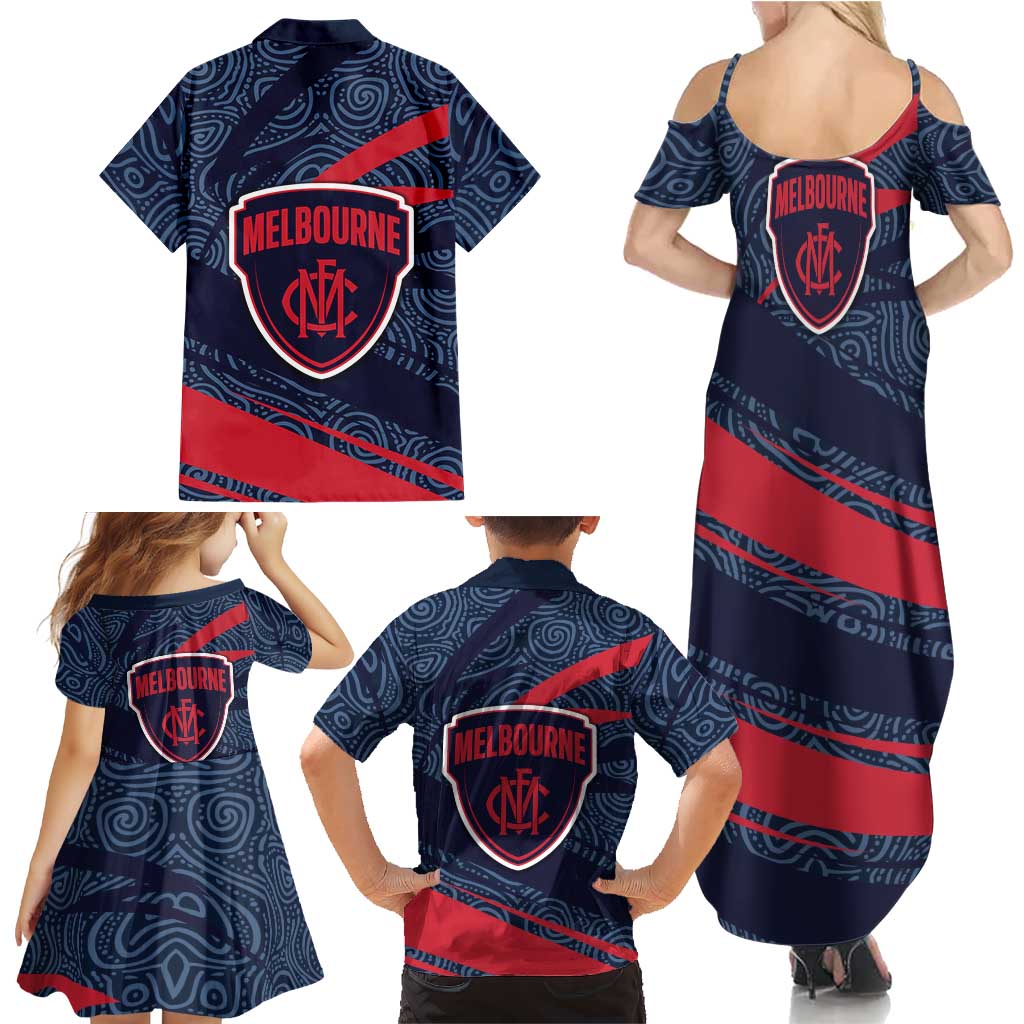 Melbourne Demons Australian Football Family Matching Summer Maxi Dress and Hawaiian Shirt Devil Mascot With Indigenous Pattern Art