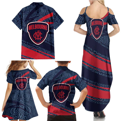 Melbourne Demons Australian Football Family Matching Summer Maxi Dress and Hawaiian Shirt Devil Mascot With Indigenous Pattern Art