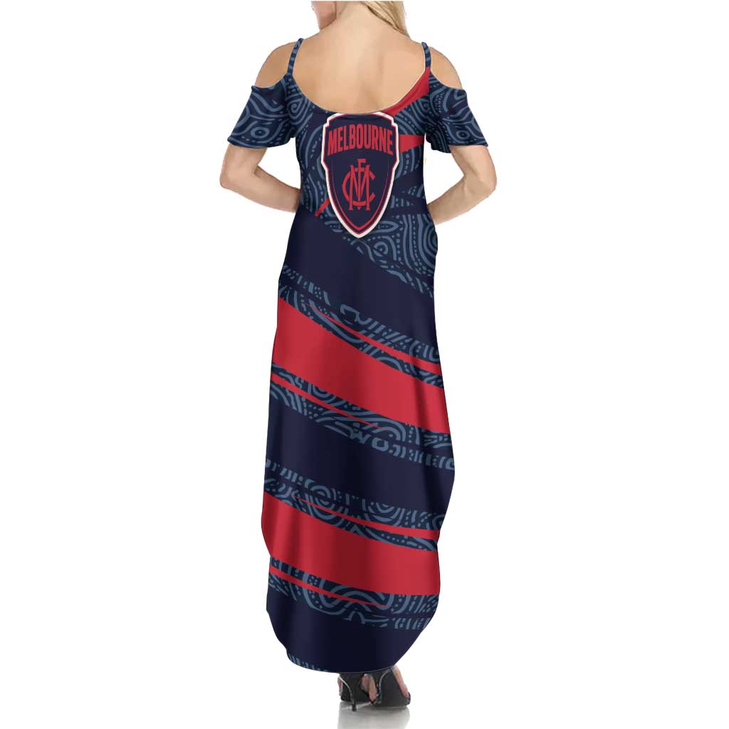 Melbourne Demons Australian Football Family Matching Summer Maxi Dress and Hawaiian Shirt Devil Mascot With Indigenous Pattern Art