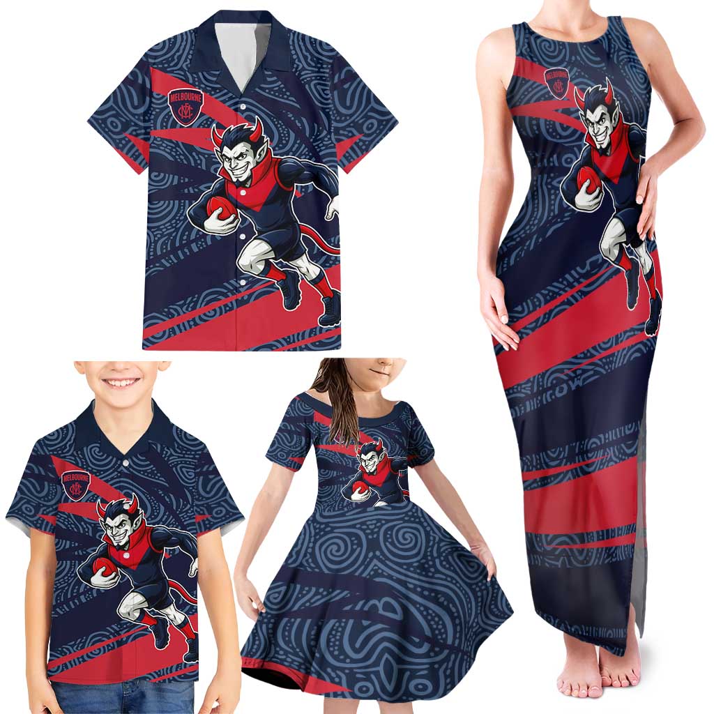 Melbourne Demons Australian Football Family Matching Tank Maxi Dress and Hawaiian Shirt Devil Mascot With Indigenous Pattern Art