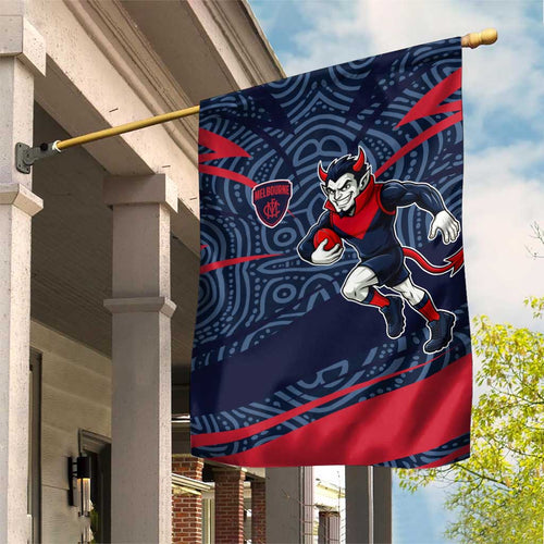 Melbourne Demons Australian Football Garden Flag Devil Mascot With Indigenous Pattern Art