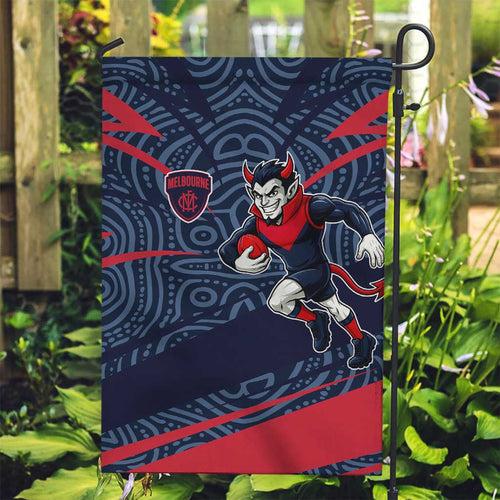 Melbourne Demons Australian Football Garden Flag Devil Mascot With Indigenous Pattern Art