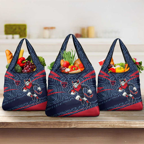 Melbourne Demons Australian Football Grocery Bag Devil Mascot With Indigenous Pattern Art