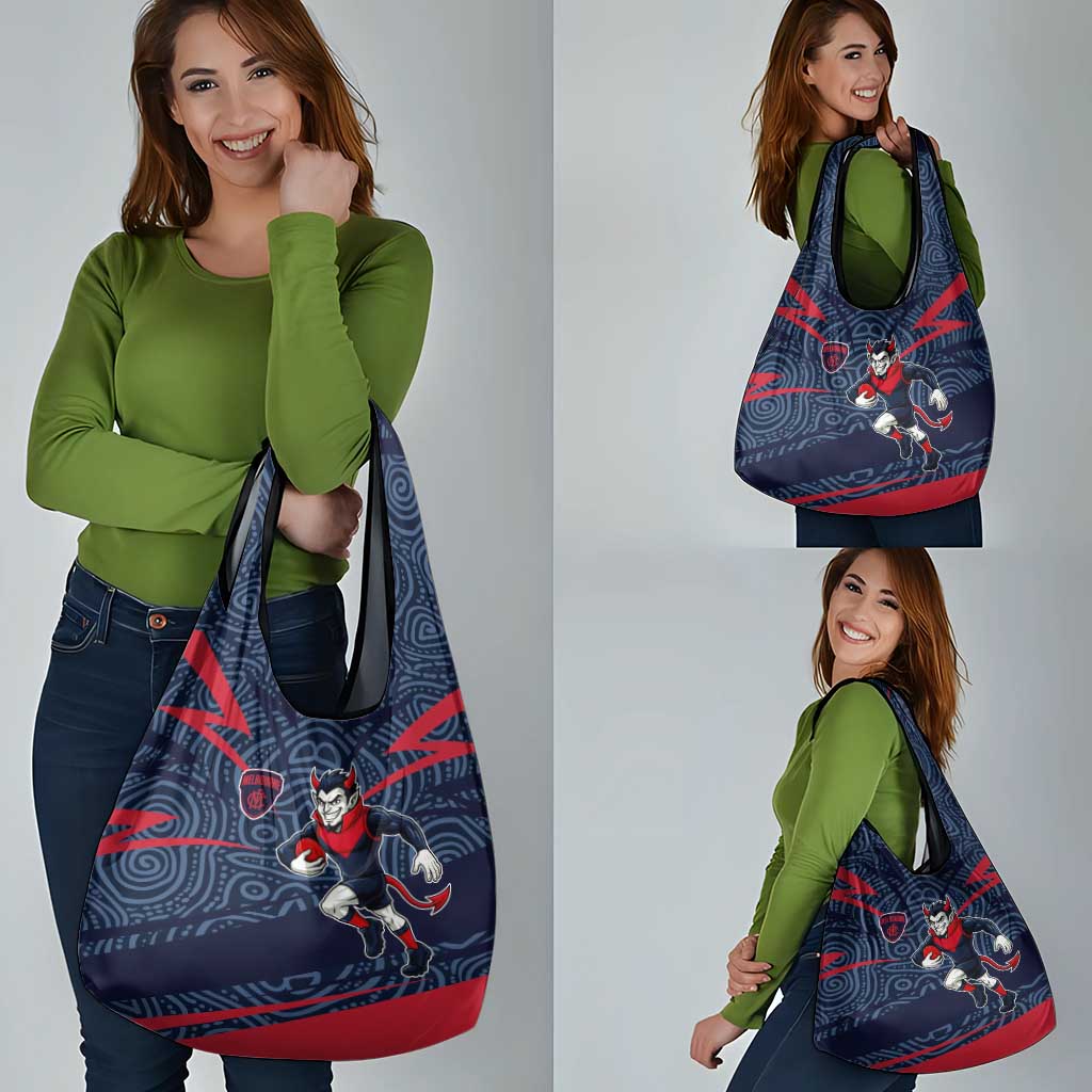 Melbourne Demons Australian Football Grocery Bag Devil Mascot With Indigenous Pattern Art