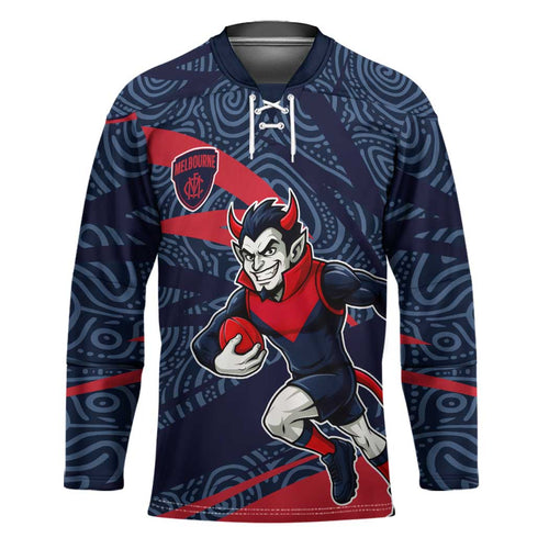 Melbourne Demons Australian Football Hockey Jersey Devil Mascot With Indigenous Pattern Art