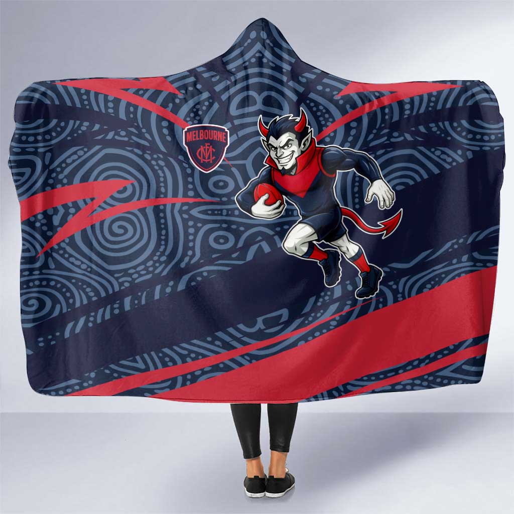 Melbourne Demons Australian Football Hooded Blanket Devil Mascot With Indigenous Pattern Art