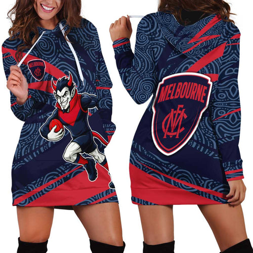 Melbourne Demons Australian Football Hoodie Dress Devil Mascot With Indigenous Pattern Art