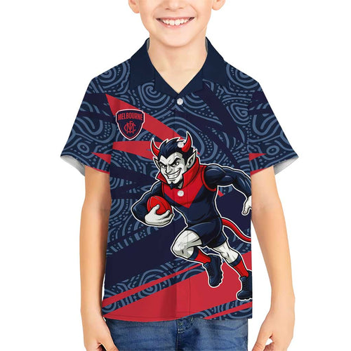 Melbourne Demons Australian Football Kid Hawaiian Shirt Devil Mascot With Indigenous Pattern Art