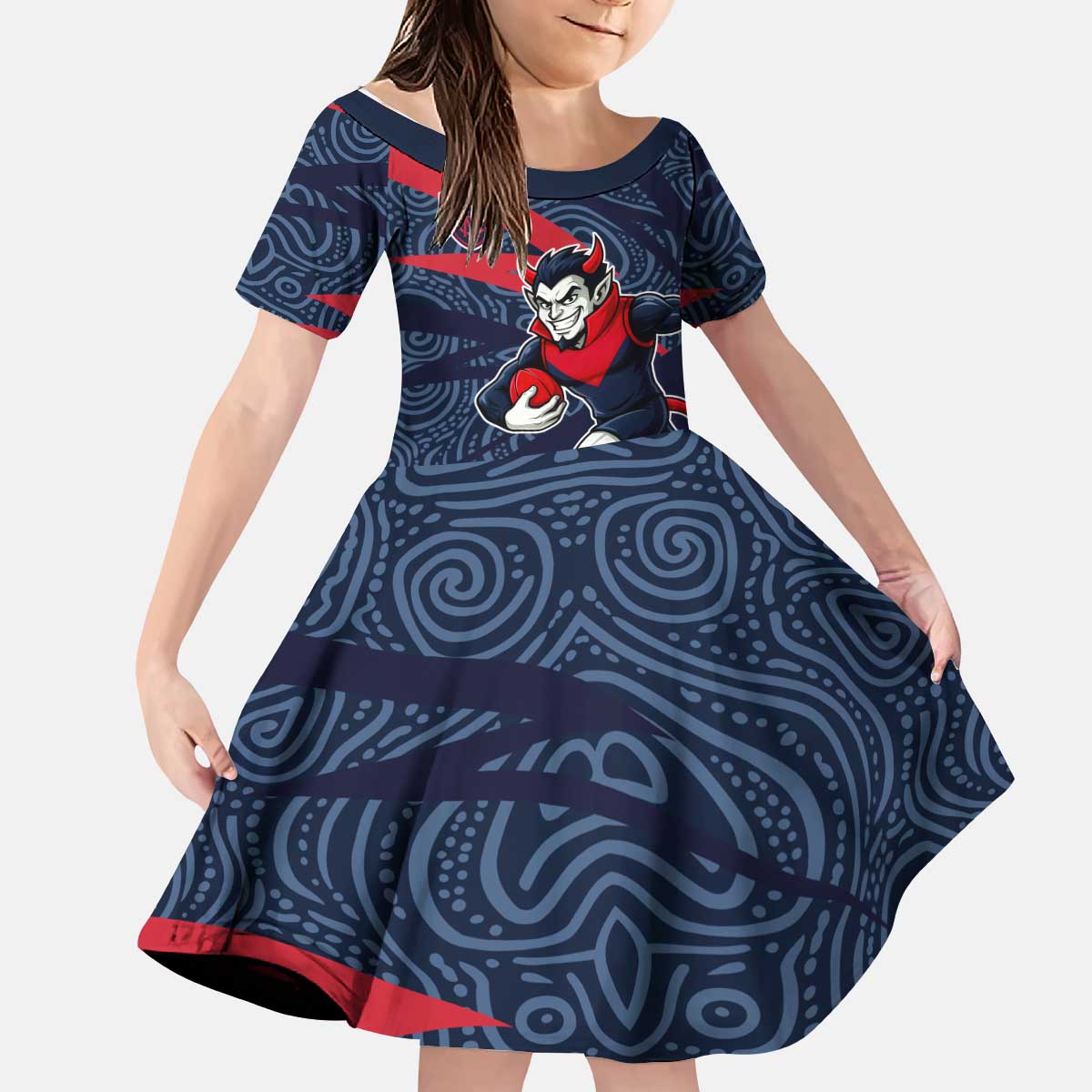 Melbourne Demons Australian Football Kid Short Sleeve Dress Devil Mascot With Indigenous Pattern Art