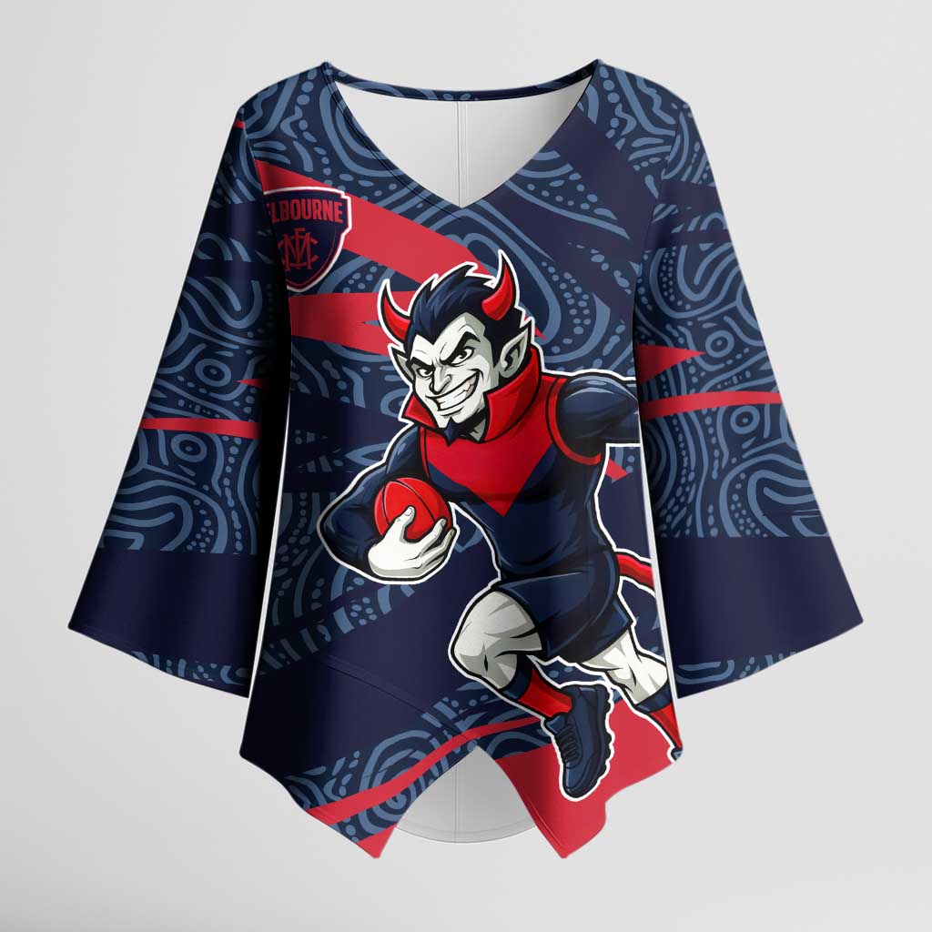 Melbourne Demons Australian Football Kimono Sleeve Blouse Devil Mascot With Indigenous Pattern Art