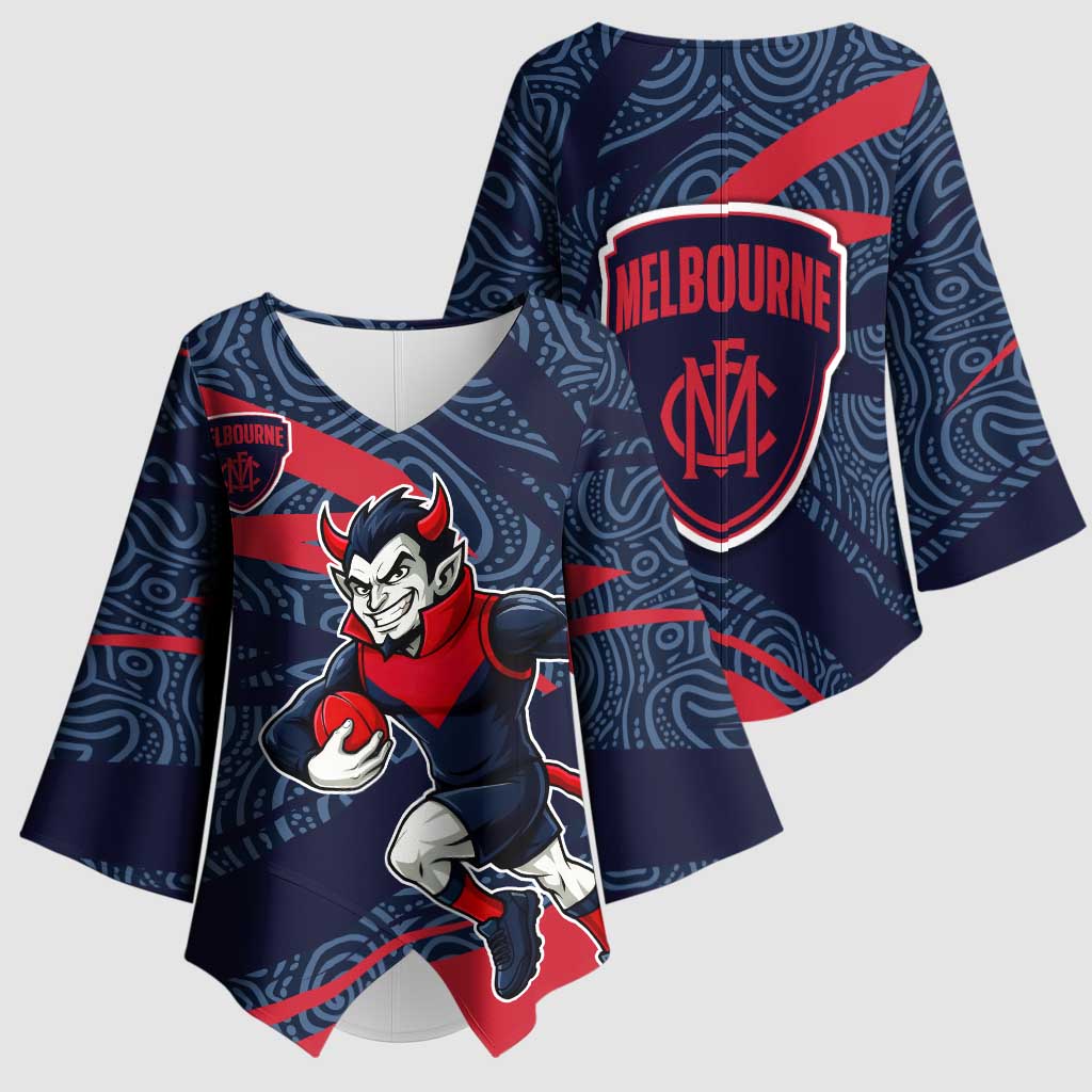 Melbourne Demons Australian Football Kimono Sleeve Blouse Devil Mascot With Indigenous Pattern Art