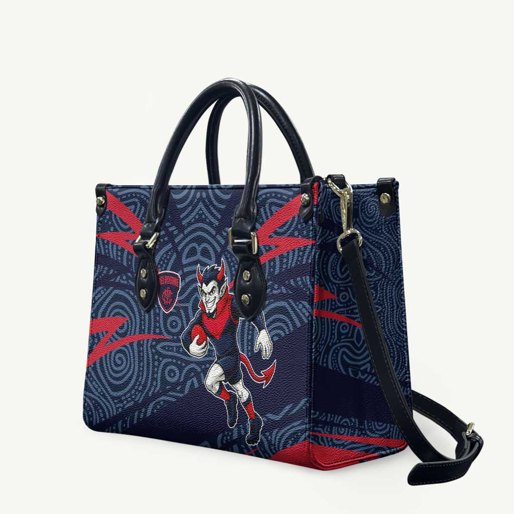 Melbourne Demons Australian Football Leather Bag Devil Mascot With Indigenous Pattern Art