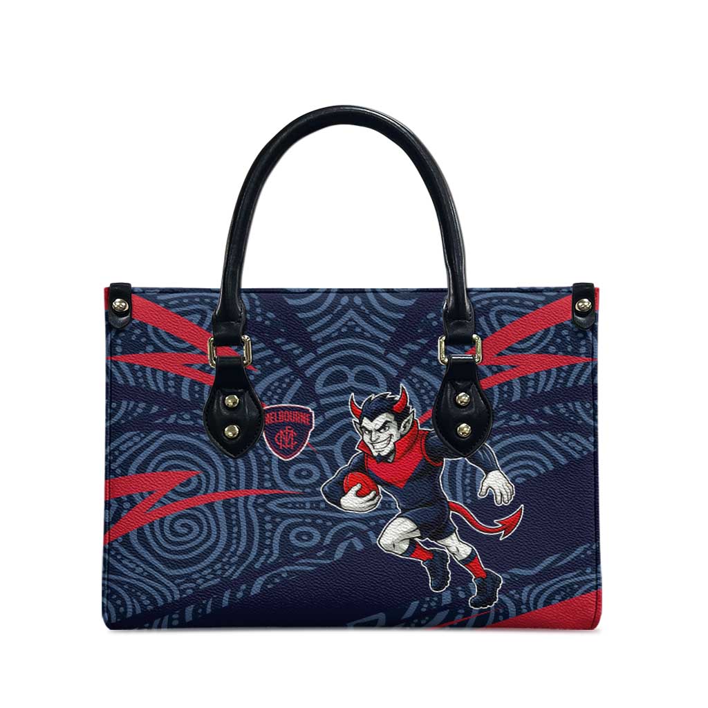 Melbourne Demons Australian Football Leather Bag Devil Mascot With Indigenous Pattern Art