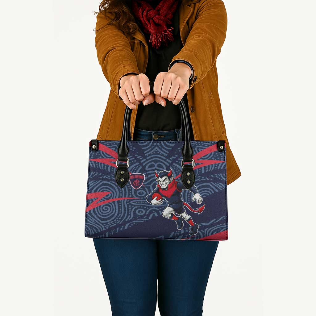 Melbourne Demons Australian Football Leather Bag Devil Mascot With Indigenous Pattern Art