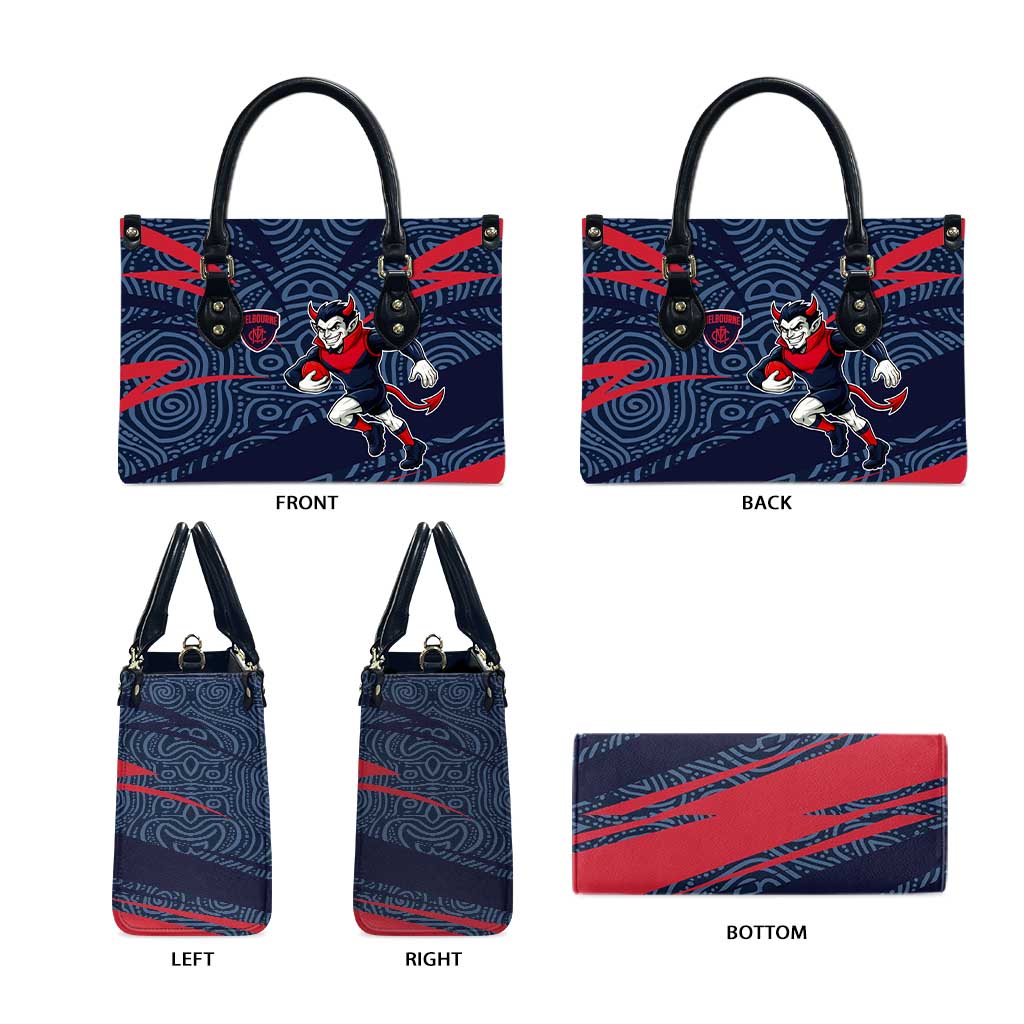 Melbourne Demons Australian Football Leather Bag Devil Mascot With Indigenous Pattern Art