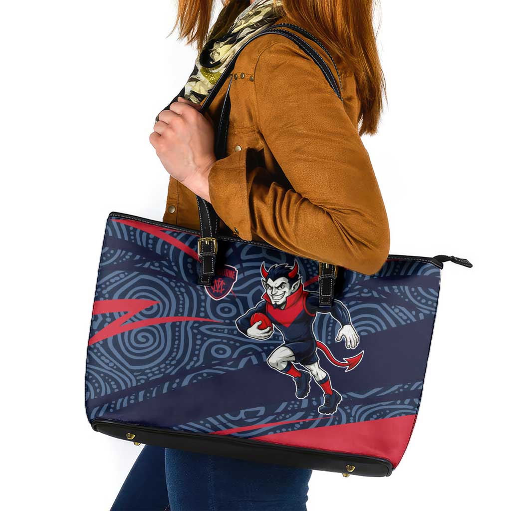 Melbourne Demons Australian Football Leather Tote Bag Devil Mascot With Indigenous Pattern Art