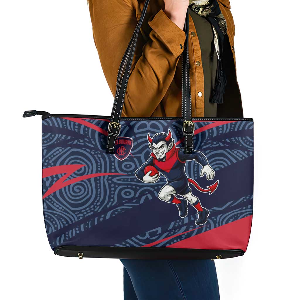 Melbourne Demons Australian Football Leather Tote Bag Devil Mascot With Indigenous Pattern Art