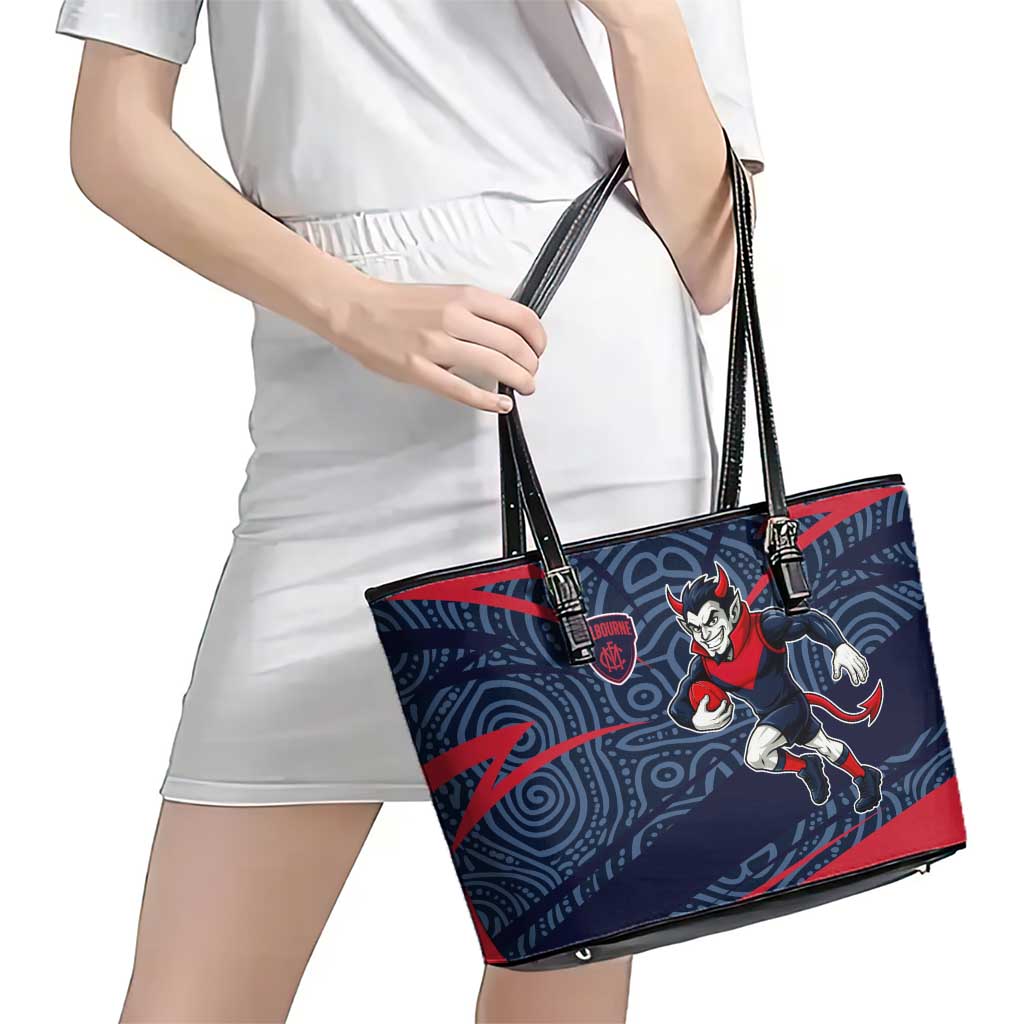 Melbourne Demons Australian Football Leather Tote Bag Devil Mascot With Indigenous Pattern Art