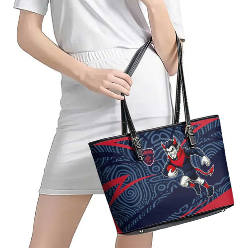 Melbourne Demons Australian Football Leather Tote Bag Devil Mascot With Indigenous Pattern Art