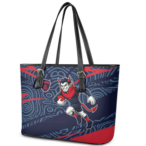 Melbourne Demons Australian Football Leather Tote Bag Devil Mascot With Indigenous Pattern Art