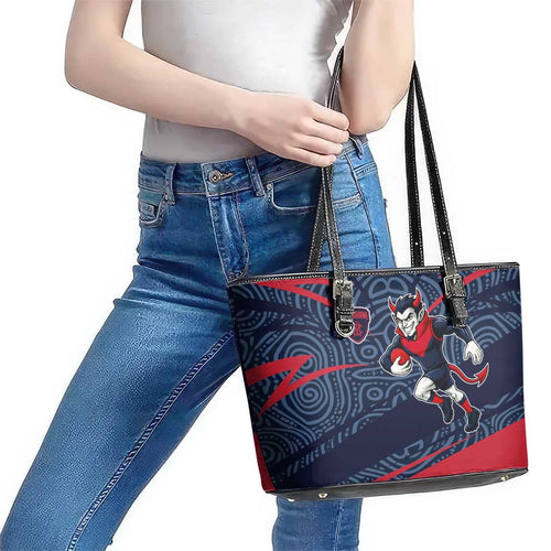 Melbourne Demons Australian Football Leather Tote Bag Devil Mascot With Indigenous Pattern Art