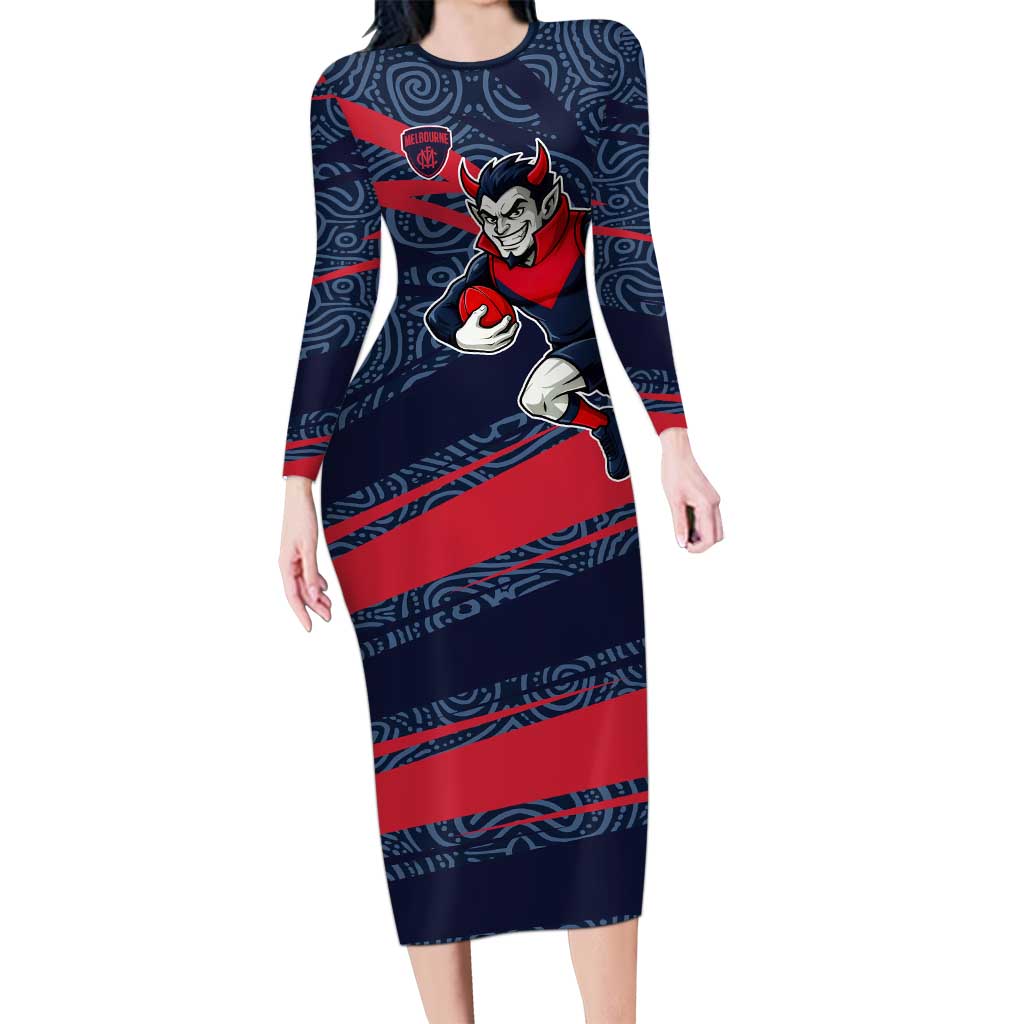 Melbourne Demons Australian Football Long Sleeve Bodycon Dress Devil Mascot With Indigenous Pattern Art