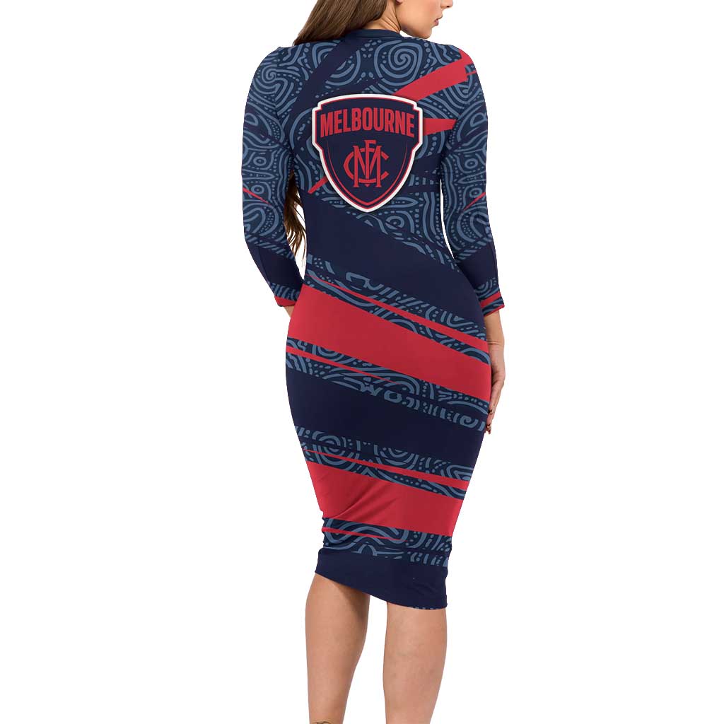 Melbourne Demons Australian Football Long Sleeve Bodycon Dress Devil Mascot With Indigenous Pattern Art