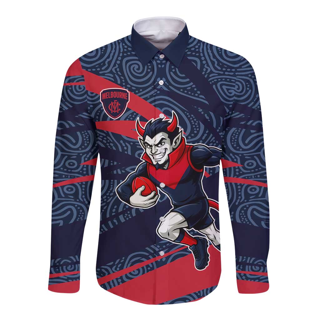 Melbourne Demons Australian Football Long Sleeve Button Shirt Devil Mascot With Indigenous Pattern Art