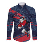 Melbourne Demons Australian Football Long Sleeve Button Shirt Devil Mascot With Indigenous Pattern Art
