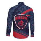 Melbourne Demons Australian Football Long Sleeve Button Shirt Devil Mascot With Indigenous Pattern Art