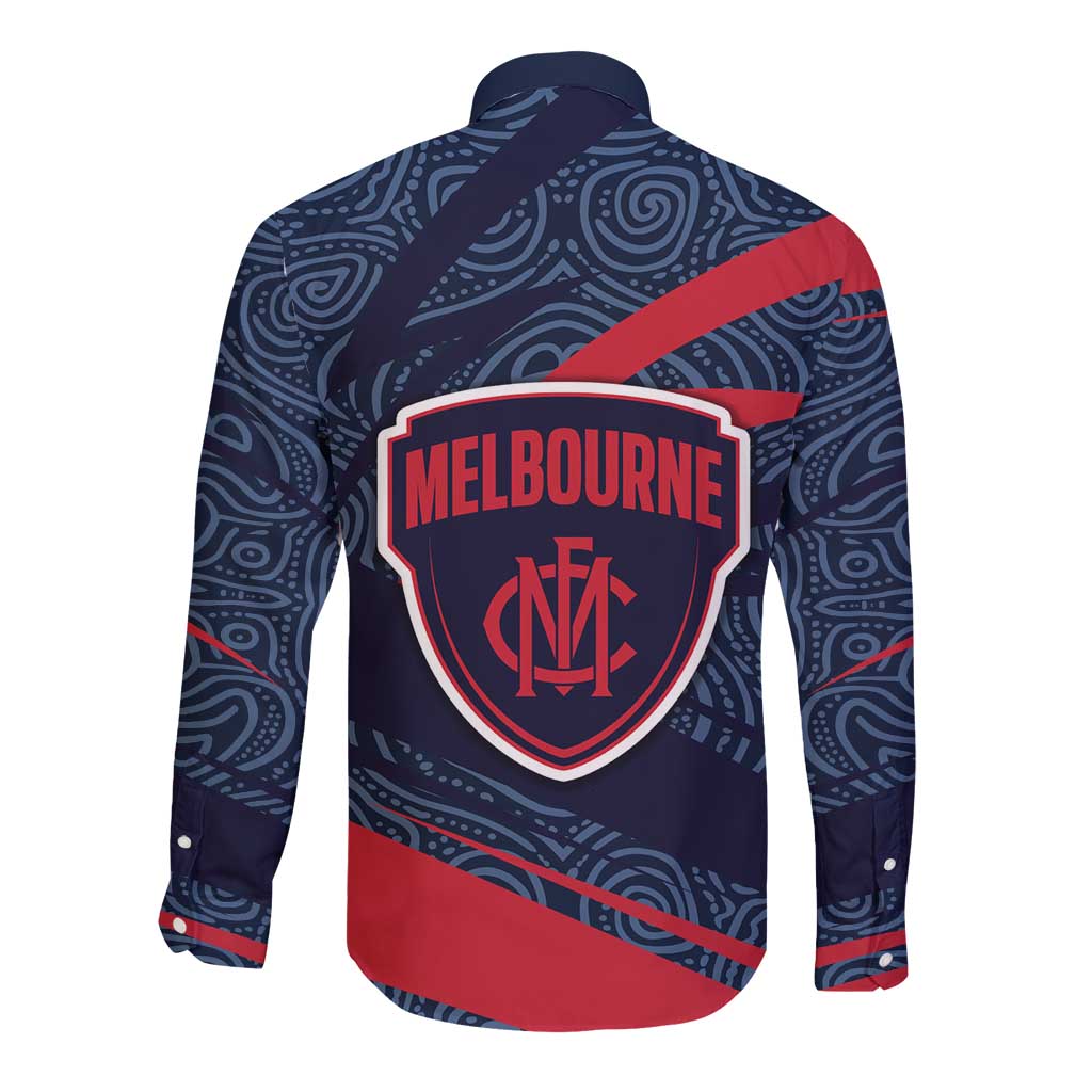 Melbourne Demons Australian Football Long Sleeve Button Shirt Devil Mascot With Indigenous Pattern Art