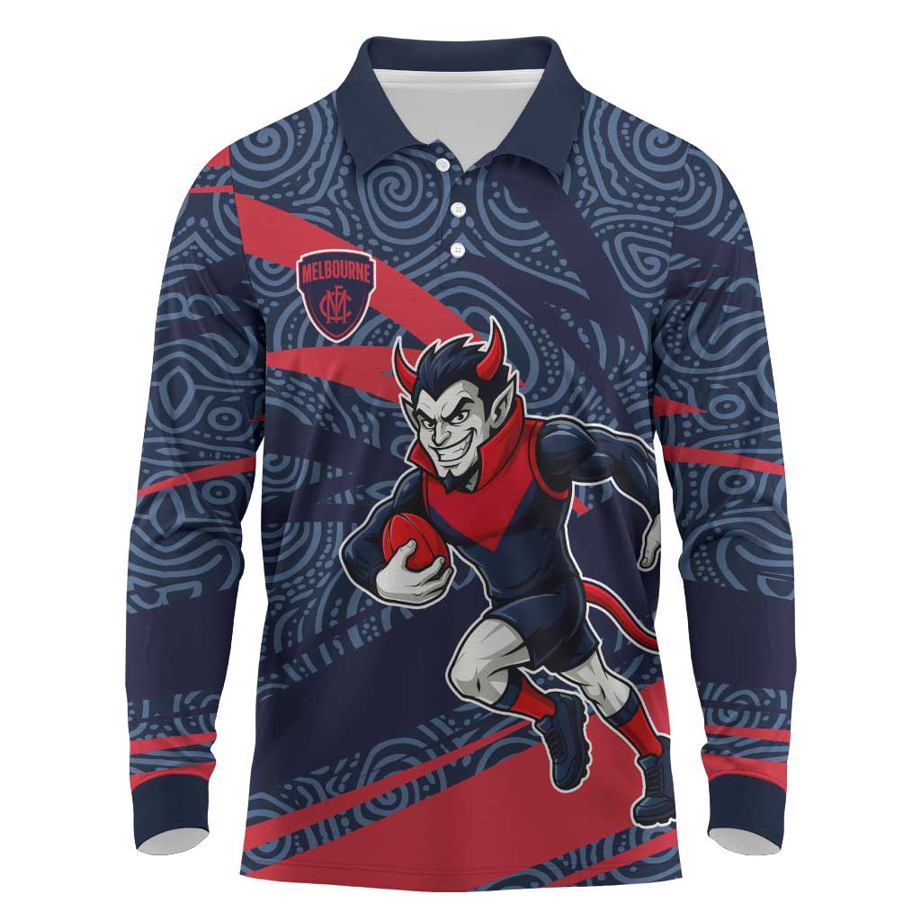 Melbourne Demons Australian Football Long Sleeve Polo Shirt Devil Mascot With Indigenous Pattern Art