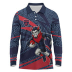 Melbourne Demons Australian Football Long Sleeve Polo Shirt Devil Mascot With Indigenous Pattern Art