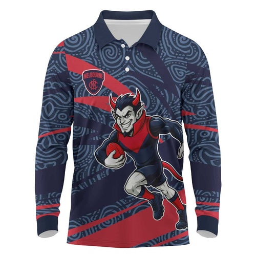 Melbourne Demons Australian Football Long Sleeve Polo Shirt Devil Mascot With Indigenous Pattern Art