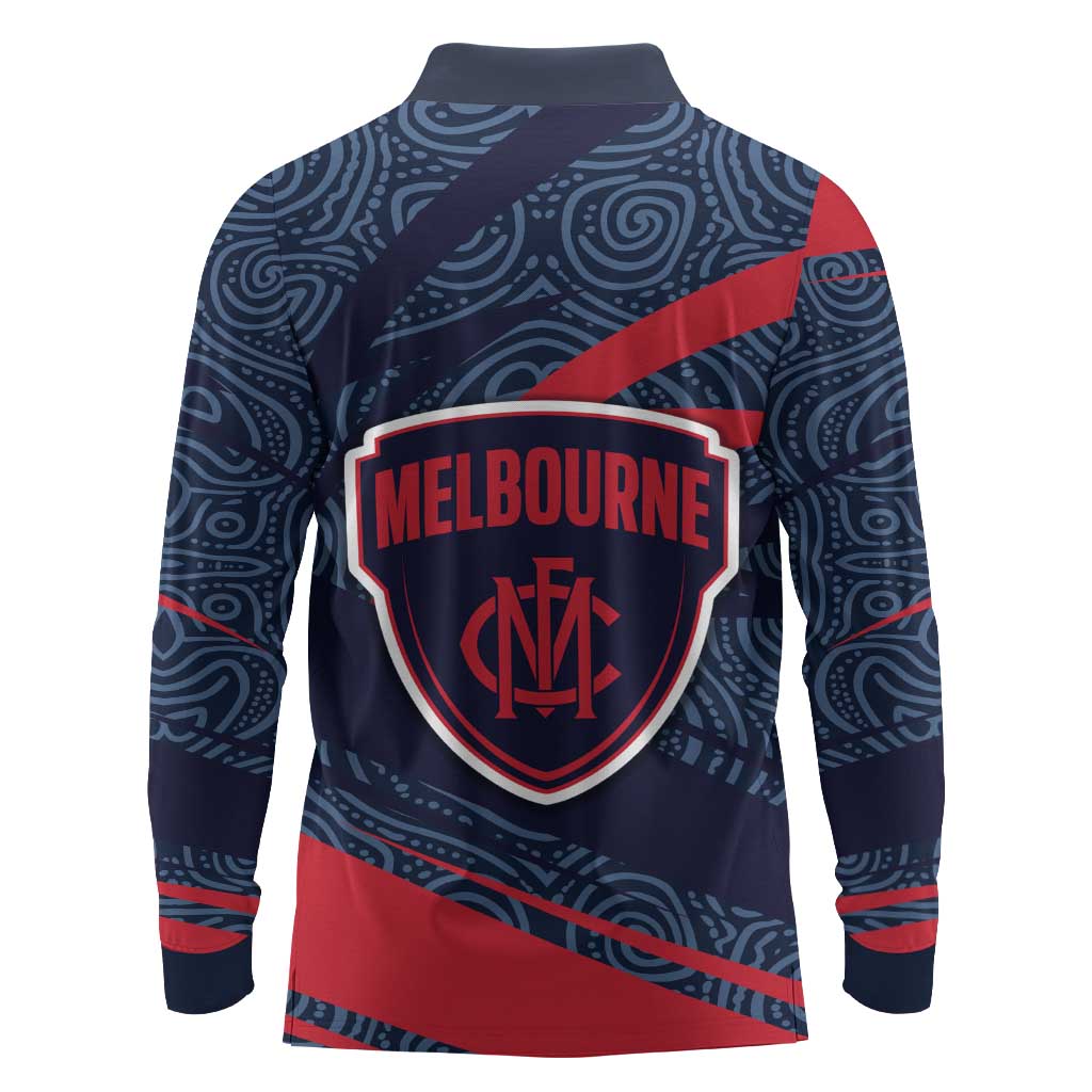 Melbourne Demons Australian Football Long Sleeve Polo Shirt Devil Mascot With Indigenous Pattern Art