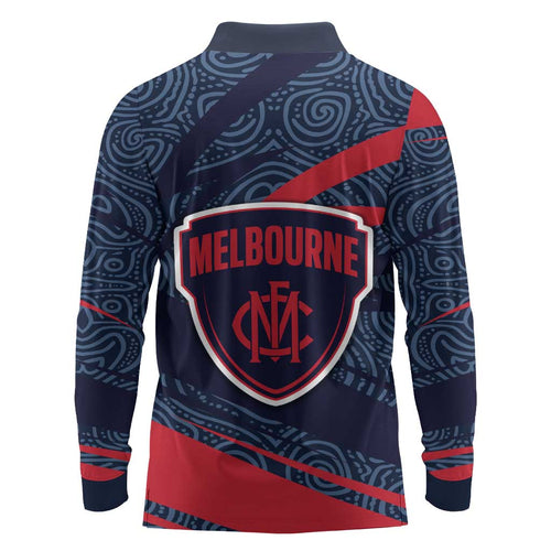 Melbourne Demons Australian Football Long Sleeve Polo Shirt Devil Mascot With Indigenous Pattern Art