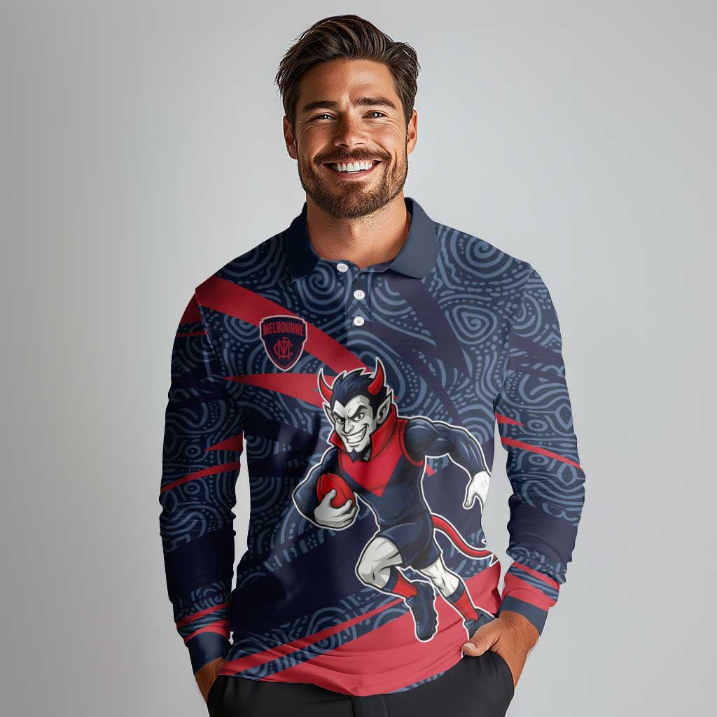 Melbourne Demons Australian Football Long Sleeve Polo Shirt Devil Mascot With Indigenous Pattern Art