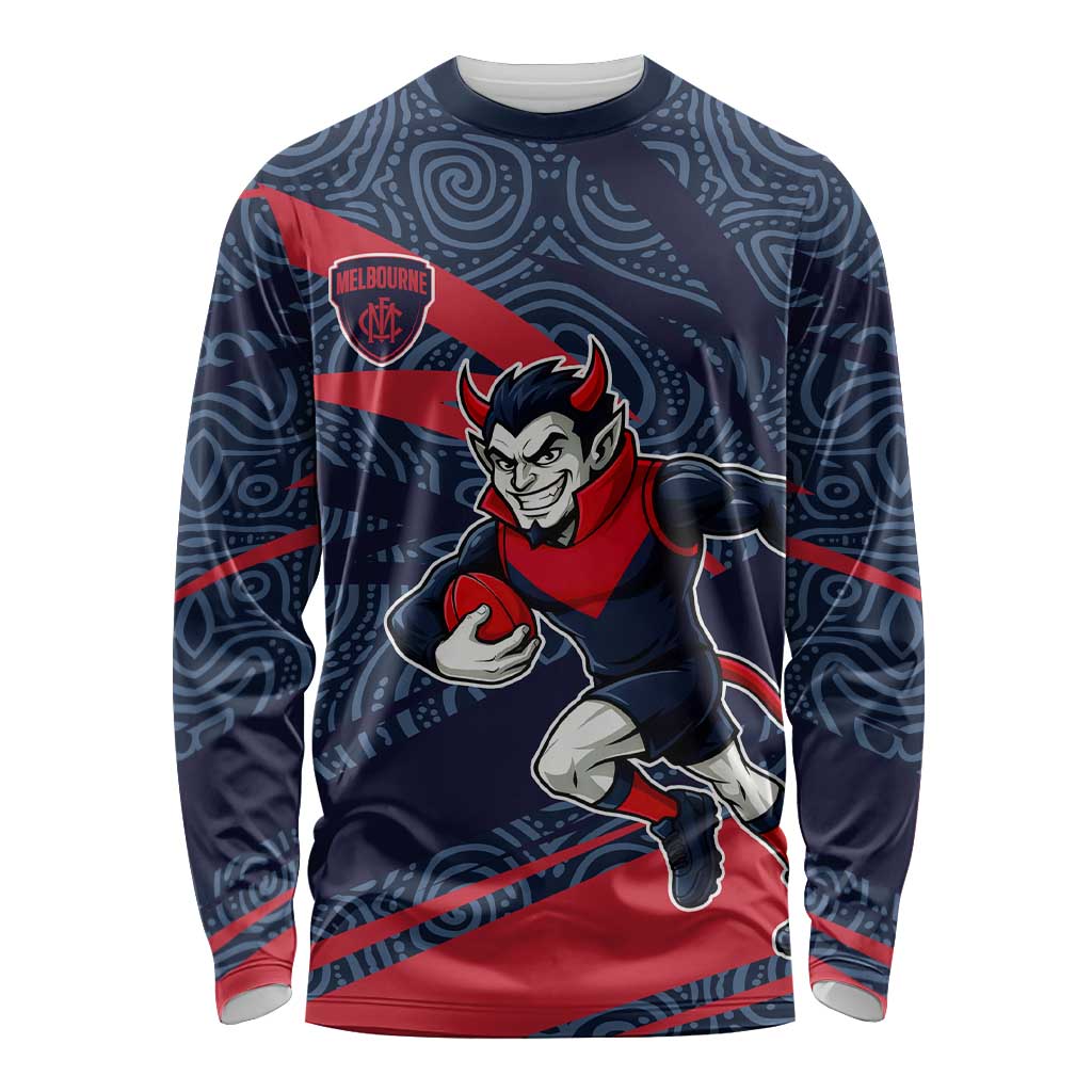 Melbourne Demons Australian Football Long Sleeve Shirt Devil Mascot With Indigenous Pattern Art