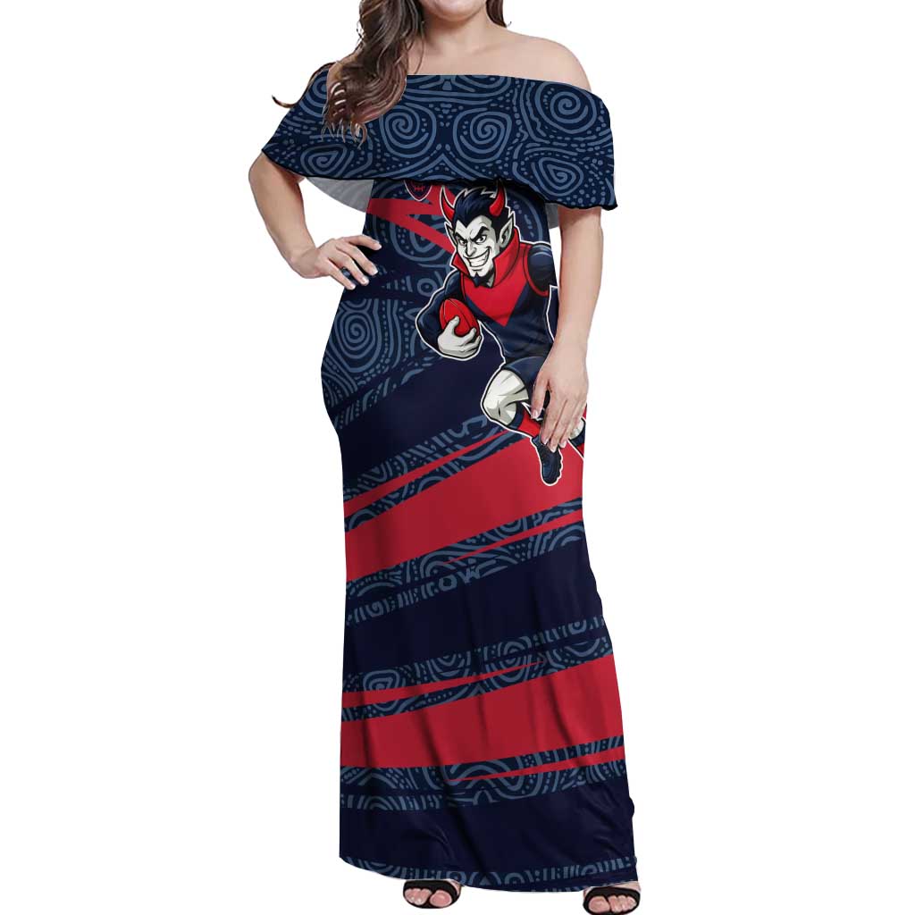 Melbourne Demons Australian Football Off Shoulder Maxi Dress Devil Mascot With Indigenous Pattern Art