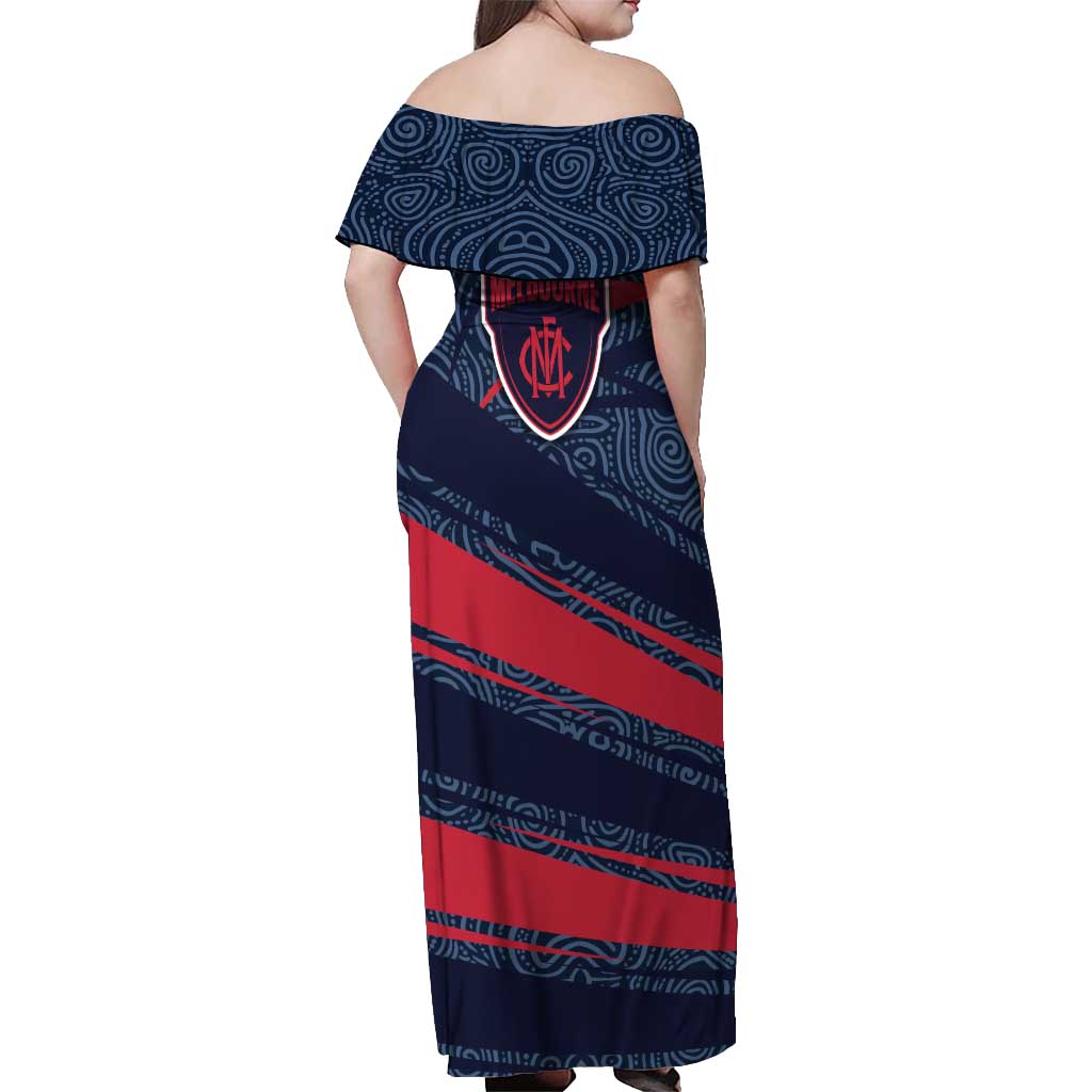 Melbourne Demons Australian Football Off Shoulder Maxi Dress Devil Mascot With Indigenous Pattern Art
